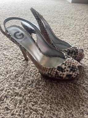 G by Guess Snake-Print Peep Toe Slingback Heels in Beige and Black
